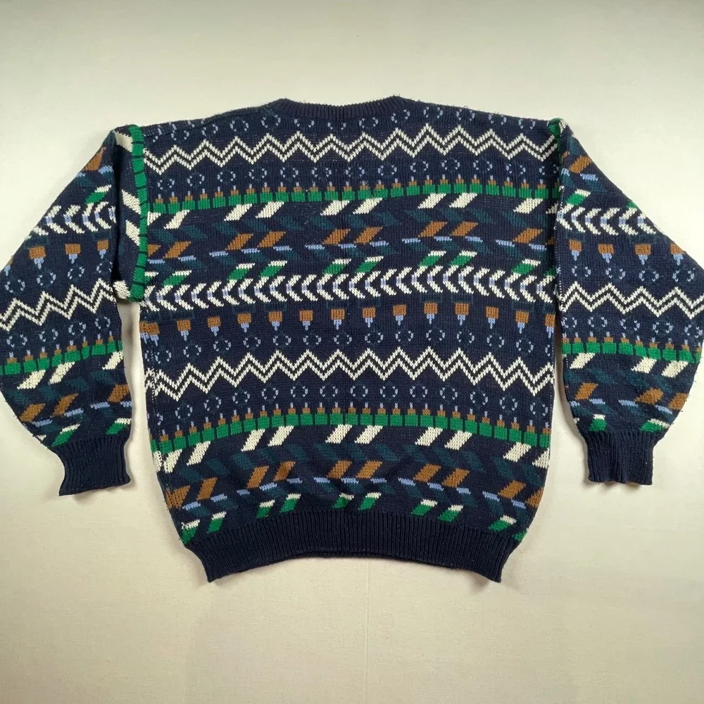 Bonjour Menswear Vintage Navy Geometric Fair‎ Isle Knit Sweater Large
